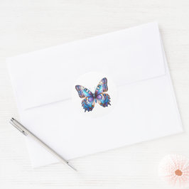 Vibrant Blue Butterfly-etikett Runt Klistermärke
