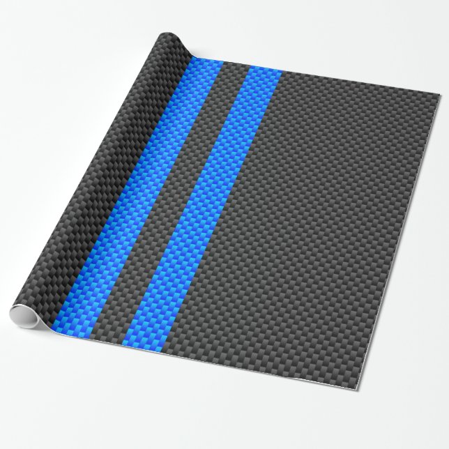 Vibrant Blue Carbon Fiber Stil Tävla Rand Presentpapper (Utrullad)