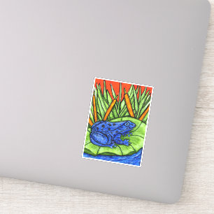 Vibrant Blue Frog Black Spots Lily Pad Grass Reeds Klistermärken