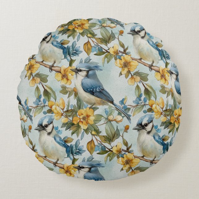 Vibrant Blue Jay Pillow Rund Kudde (Framsidan)