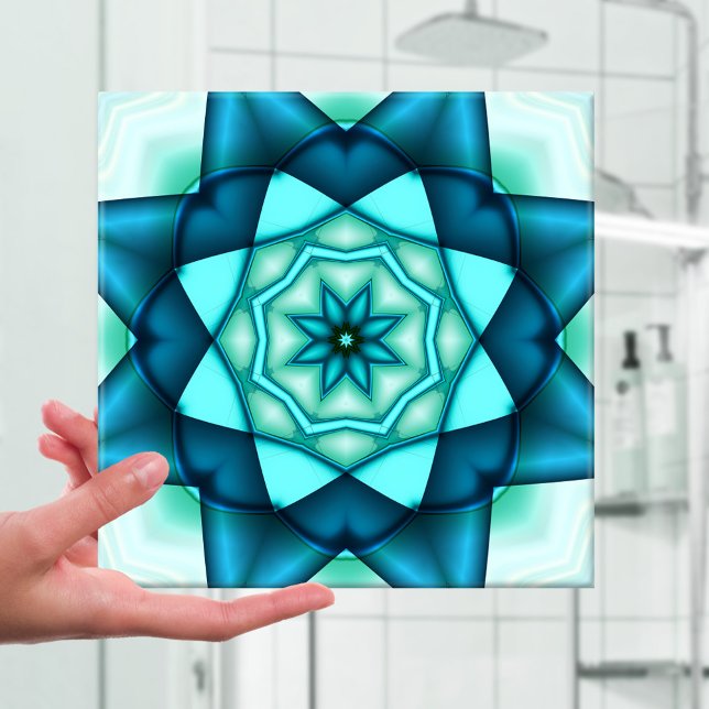 Vibrant Blue Turcos Blommigt Star Ceramic Tile Kakelplatta (Ceramic tile with a gorgeous geometric abstract fractal design in vibrant turquoise teal)