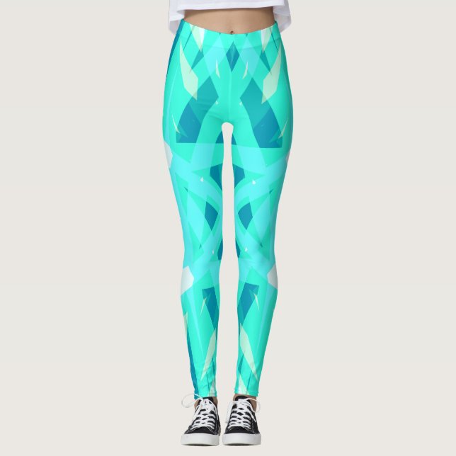 Vibrant Blue Turcos Grönt White Gym Exercise Leggings (Framsida)