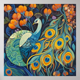 Vibrant Blue vatten färg Peacock Poster