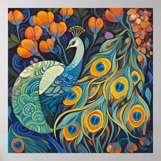 Vibrant Blue vatten färg Peacock Poster (Framsidan)