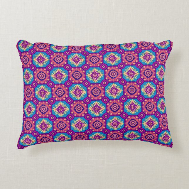 Vibrant Boho Chic Mandala Blommönster Prydnadskudde (Framsidan)