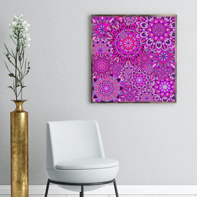 Vibrant Boho Chic Rosa Lila Blommigt Mandalas Poster (Skapare uppladdad)