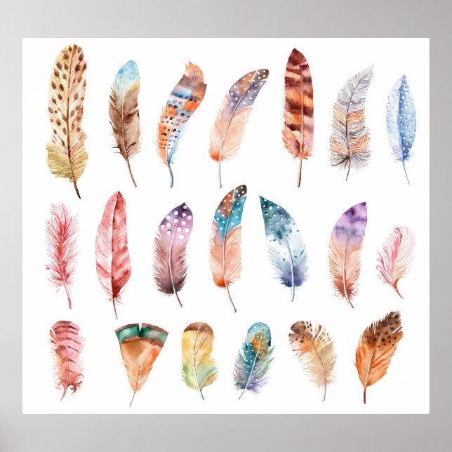 Vibrant Boho Feathers: Watercolor Illustration Poster (Framsidan)