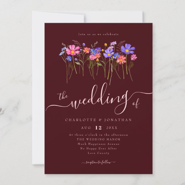 Vibrant Bold Wildflowers Burgundy Pink Wedding Inbjudningar (Framsida)