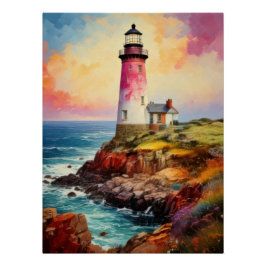 Vibrant Breton Coast Lighthouse - Impressionistic  Perfect Poster