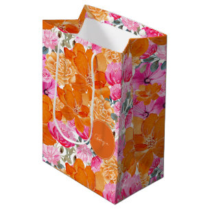 Vibrant Bright Rosa Orange Blommigt & Monogram Nam