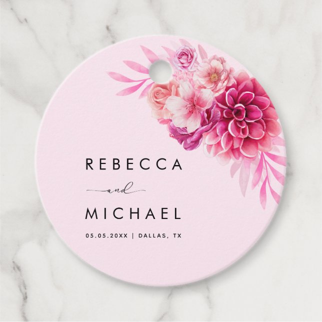 Vibrant Bright Shock rosa Blommigt Botanical Bröll Gåvor Etiketter (Framsida)
