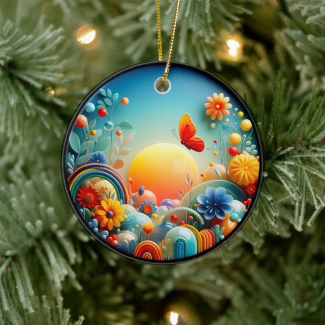 Vibrant Butterfly Fantasy Garden Julgransprydnad Keramik (Skapare uppladdad)