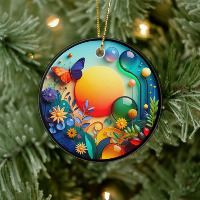 Vibrant Butterfly Fantasy Garden Julgransprydnad Keramik (Skapare uppladdad)