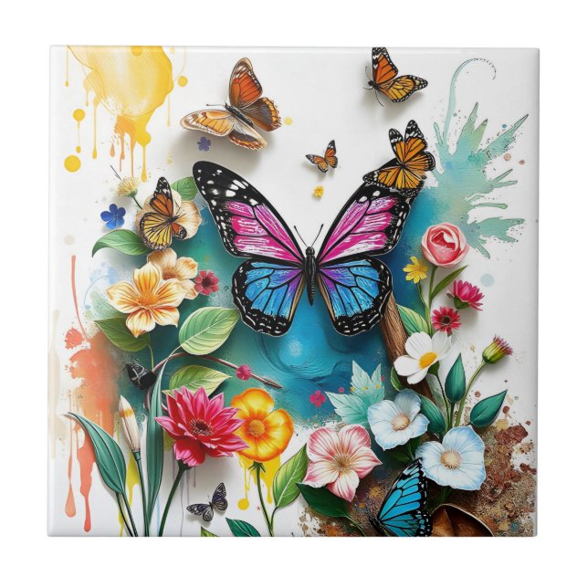 Vibrant Butterfly Garden | Inspinerad Vår-design Kakelplatta (Framsidan)