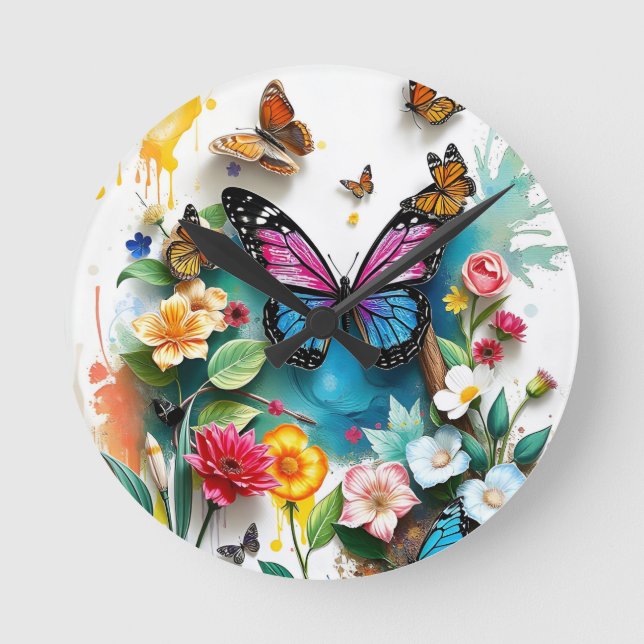 Vibrant Butterfly Garden | Inspinerad Vår-design Rund Klocka (Framsida)