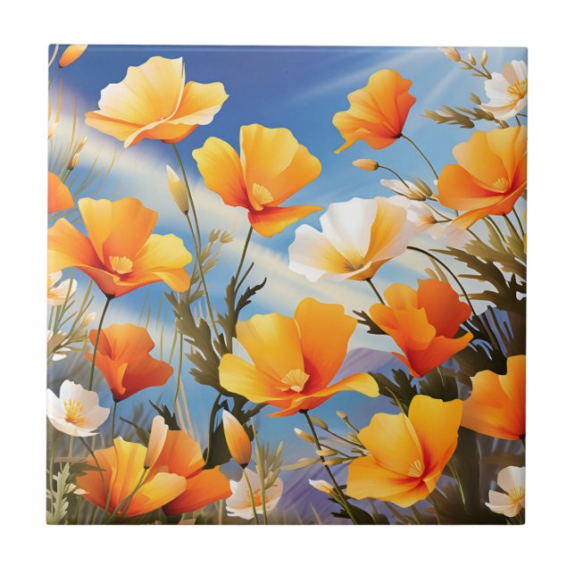 Vibrant California Poppies Meadow Kakelplatta (Framsidan)