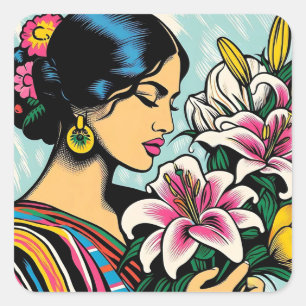 Vibrant Calla Lillies Blommigt Mexican Pop Art Fyrkantigt Klistermärke