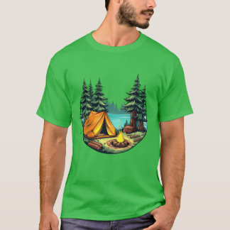 Vibrant Cartoon Camping Scene Withent FireTrees vi T Shirt