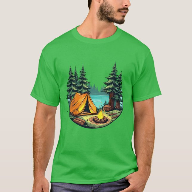 Vibrant Cartoon Camping Scene Withent FireTrees vi T Shirt (Framsida)