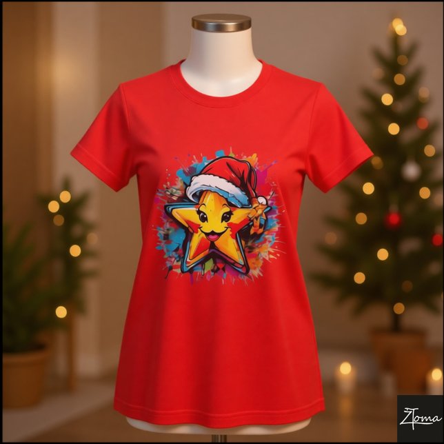 Vibrant Cartoon Star Santa Hat Splatter T Shirt (Skapare uppladdad)