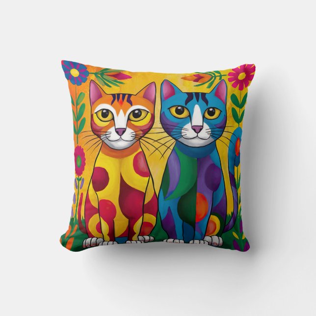 Vibrant Cat Duo - Konstnärlig Blommigt Kudde (Framsida)