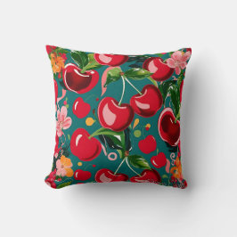 Vibrant Cherry & Blommönster på Teal Background Kudde