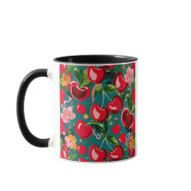 Vibrant Cherry & Blommönster på Teal Background