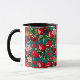 Vibrant Cherry & Blommönster på Teal Background Mugg