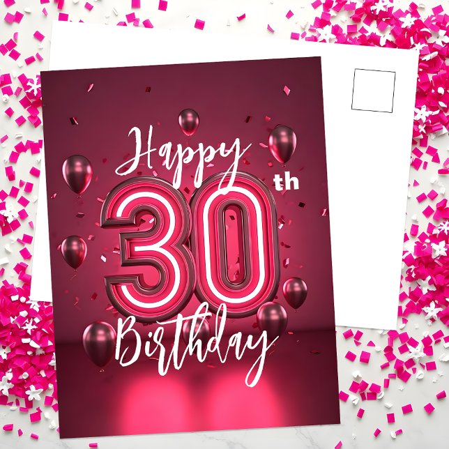 Vibrant Chic Neon Rosa 30års födelsedag med ballon Vykort (Skapare uppladdad)