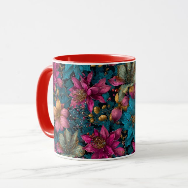 Vibrant Christmas Botanical Fantasy Pattern Mugg (Framsida vänster)