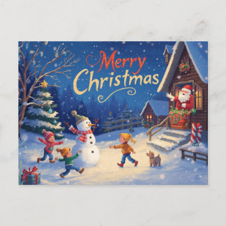 Vibrant Christmas Postcard – Snowman & Santa Vykort