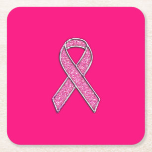 Vibrant Chrome Glitter Stil Rosa Ribbon Awareness Underlägg Papper Kvadrat
