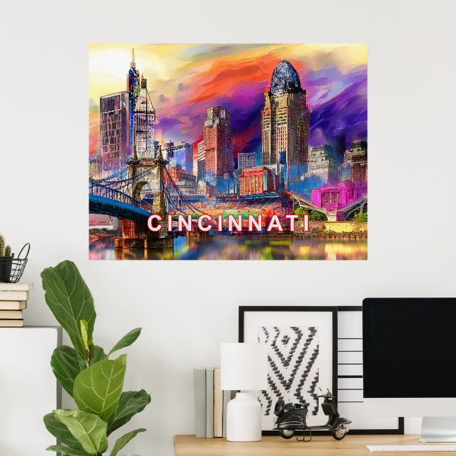 Vibrant Cincinnati Ohio Abstrakt Skyline Art Poster (Hemmakontoret)