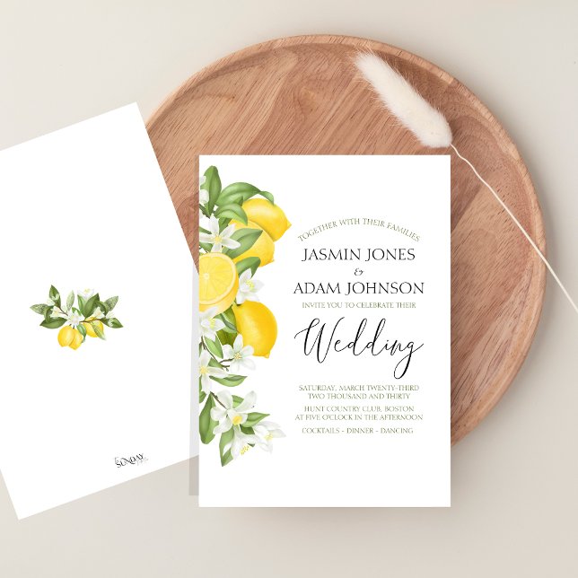 Vibrant Citrus Lemon Greenery Bröllop Inbjudningar (Citrus Lemons and Greenery Summer Fruits Wedding Invitation)