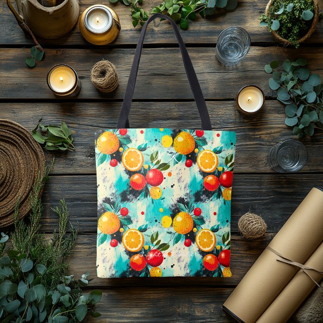 Vibrant Citrus och Apple Thmet Tote Bag Initialer Tygkasse (Skapare uppladdad)