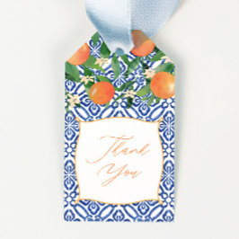 Vibrant Citrus Oranges Classic Blue Tiles Bröllop Presentetikett