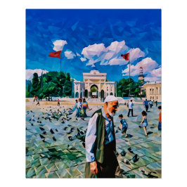 Vibrant City Square med People och Flaggor Perfect Poster