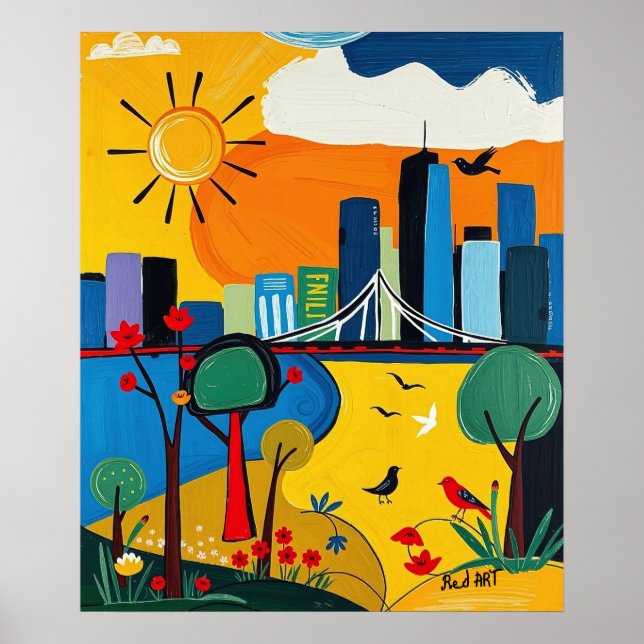 Vibrant Cityscape-blandning Urban och natur Poster (Framsidan)
