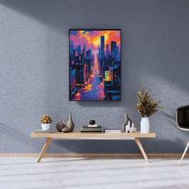 Vibrant Cityscape vid Sunset Neon Ljus Digital Dig Fototryck