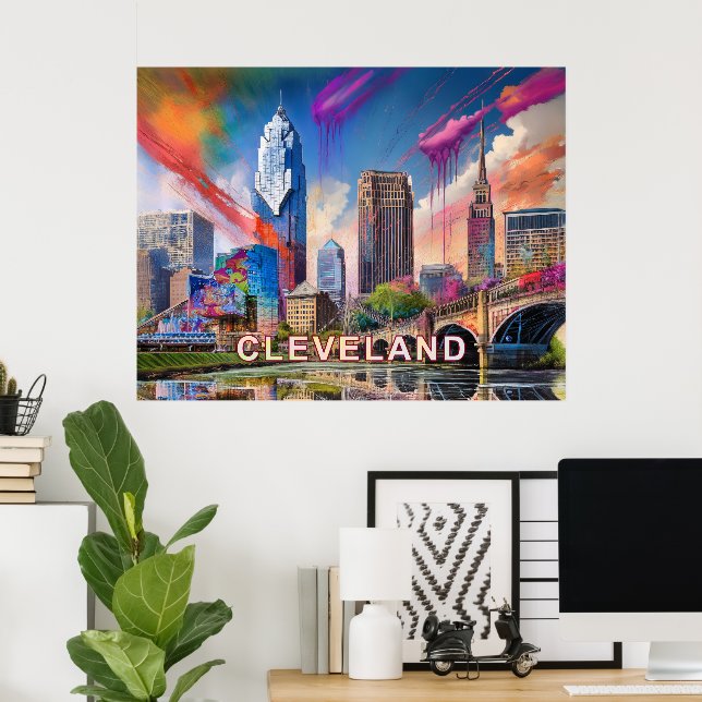 Vibrant Cleveland Ohio Skyline Abstrakt Art Poster (Hemmakontoret)