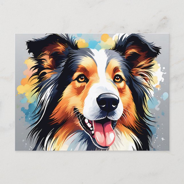 Vibrant Collie Hund Watercolor Porträtt Vykort (Framsida)