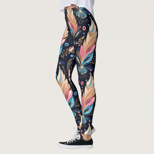 Vibrant Colorful Boho Tribal Feathers Dark Aesthet Leggings (Vänster)