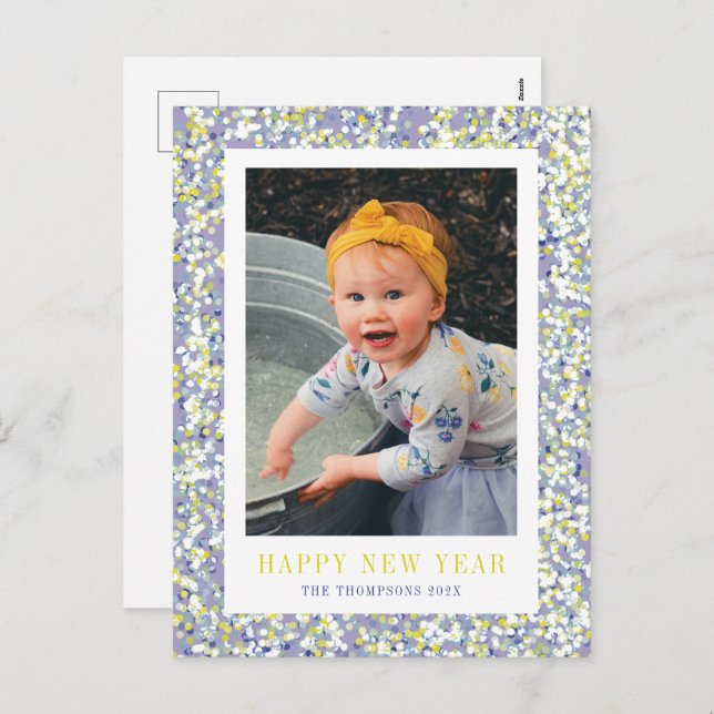 Vibrant Confetti nyårs fotovykort Helg Vykort (Fram/baksida)