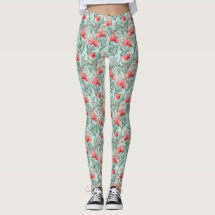 Vibrant Coral Eucalyptus Blommar Leggings