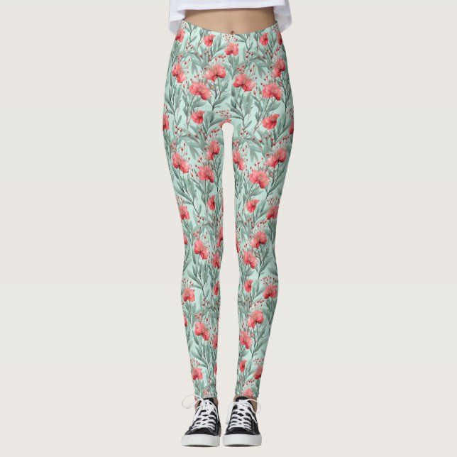 Vibrant Coral Eucalyptus Blommar Leggings (Framsida)