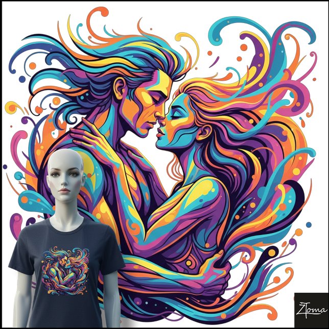 Vibrant Couple Embrace Psychedelic Flowing Art T Shirt (Skapare uppladdad)