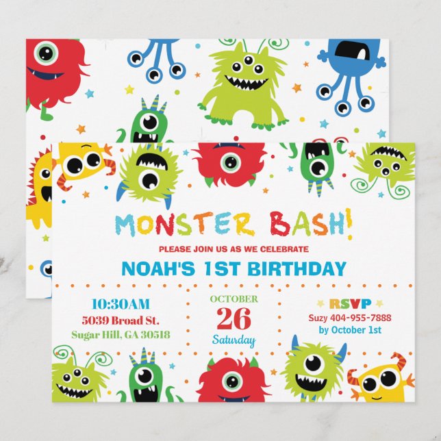 Vibrant Cute Little Monsters Boy 1st Birthday Inbjudningar (Fram/baksida)