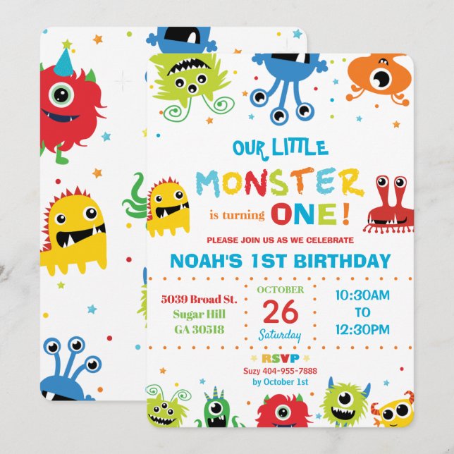 Vibrant Cute Little Monsters Boy 1st Birthday Inbjudningar (Fram/baksida)