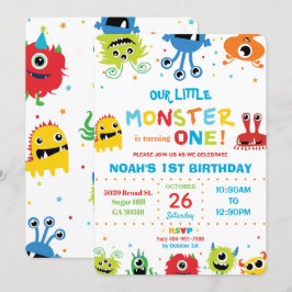 Vibrant Cute Little Monsters Boy 1st Birthday Inbjudningar