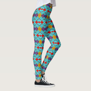 Vibrant cyan blå, röd, gul - geometriska rättighet leggings